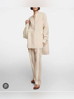 Toteme Cream and Tan Striped Straight-Leg Silk Cotton Pants